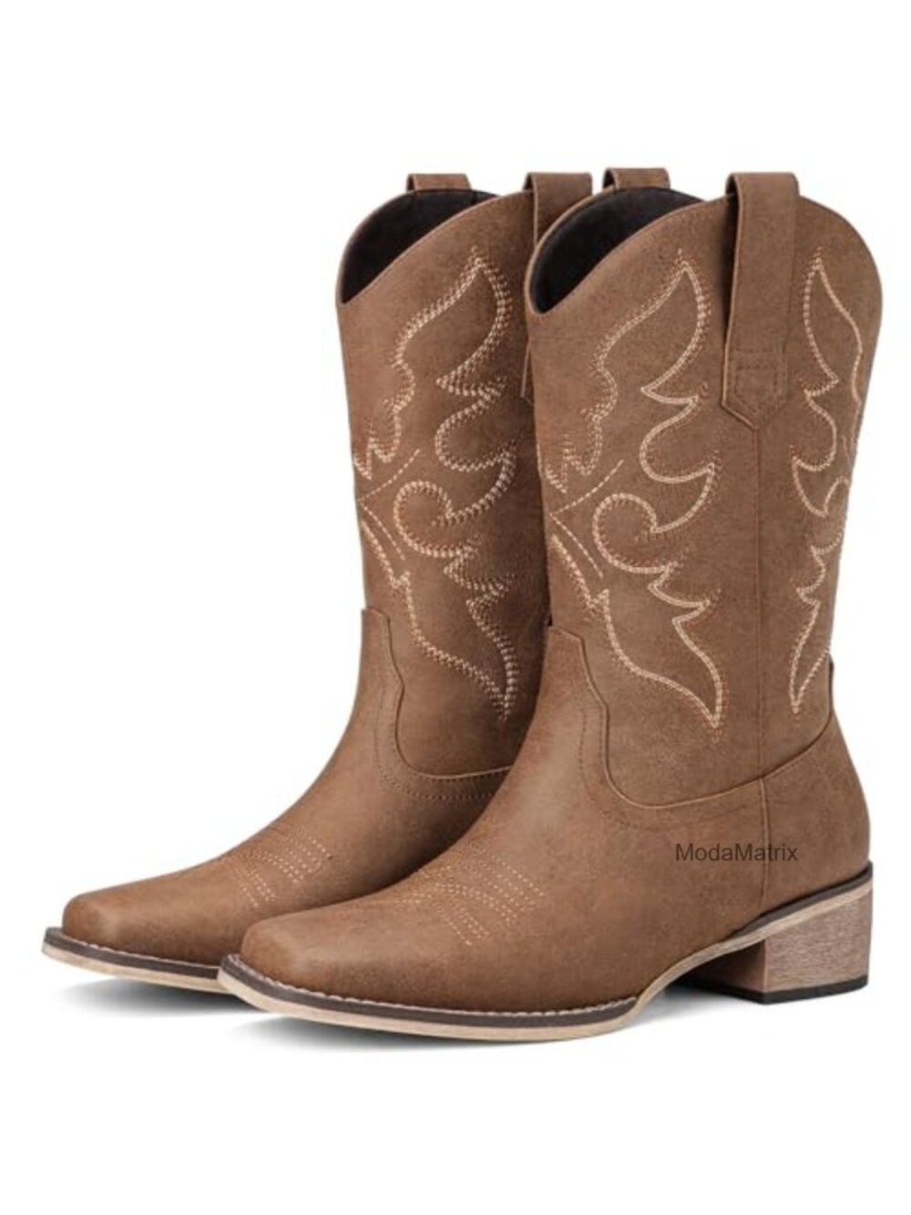 Womens Square Toe Wide Calf Cowboy Boots Faux Leather Mid Calf
